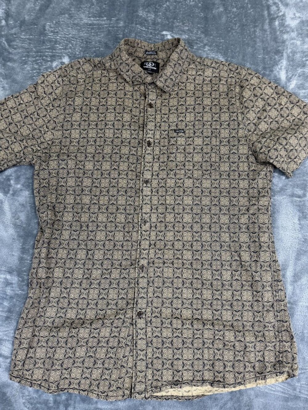 Volcom Mens Beige Black Geometric Short Sleeve Button-Up Shirt Size L